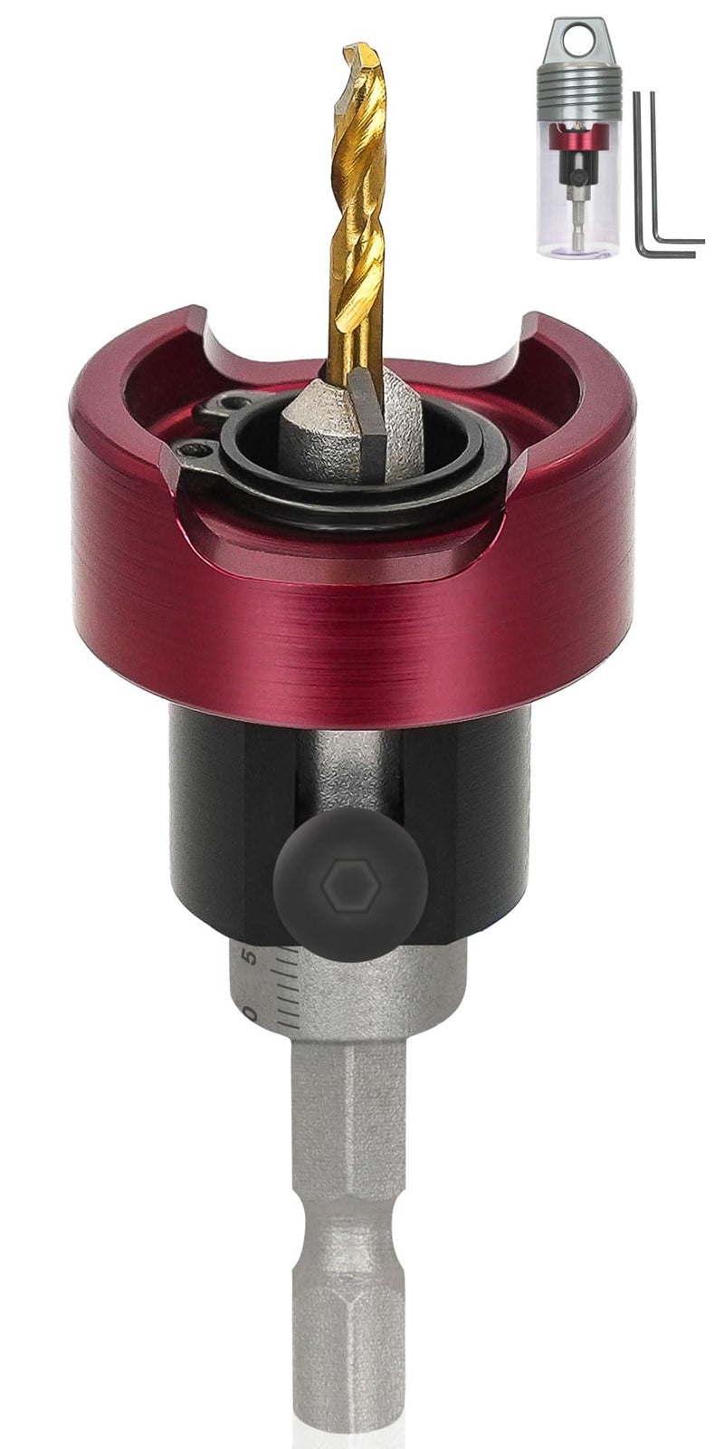 KEENTECH Carbide Tipped 82 Countersink Drill Bit with Depth Stop  3/8"" Dia x 1/8"" Drill Diameter x 1/4"" Shank  Adjustable Depth Stop with Ball Bearing for High Fine Finish on Softwood and Hardwood - Image 1